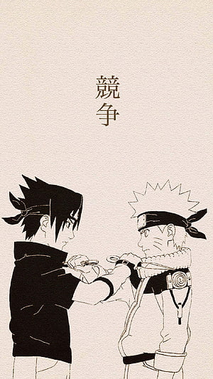 Naruto and Sasuke Fists Bump in Minimalist Black and White Anime Illustration HD phone wallpaper