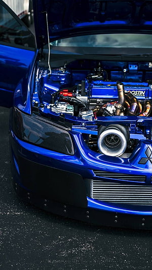 Mitsubishi Lancer Evolution Turbo Engine Bay with Blue Paint and Carbon Fiber Details HD phone wallpaper