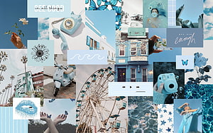 Blue Aesthetic Collage Wallpaper Featuring Vintage Objects, Flowers, and Typography HD wallpaper