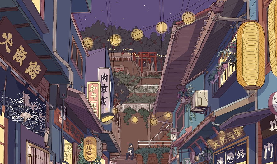 Anime Style Japanese Street Scene at Night With Lanterns and Shrine HD wallpaper