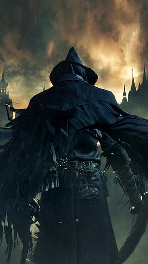 Dark Fantasy Hooded Figure in Tattered Cloak Facing Gothic Castle at Dusk HD phone wallpaper
