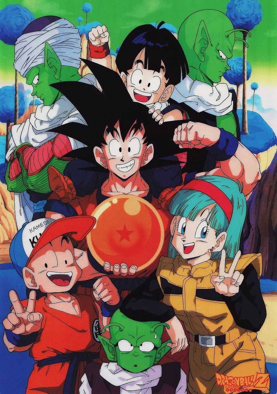Dragon Ball Z Group Portrait Featuring Goku, Gohan, Bulma, Krillin, and Namekian Characters HD phone wallpaper