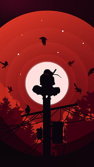 Itachi Uchiha Silhouette Perched on Power Pole Against Red Moon HD phone wallpaper