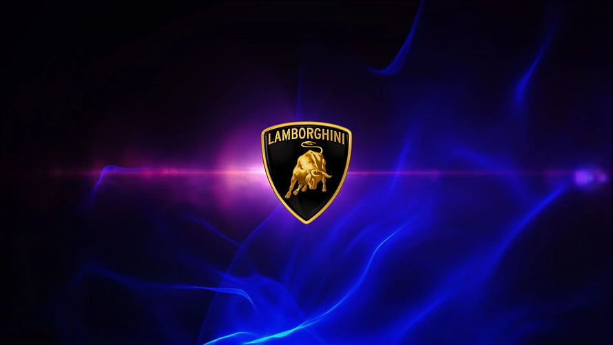Lamborghini Emblem on Dark Background with Electric Blue and Purple Neon Light Streaks HD wallpaper