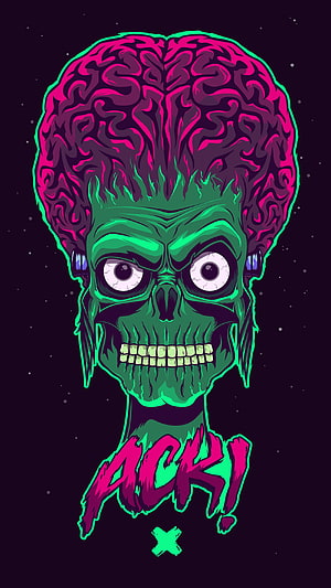 Mars Attack Alien Skull with Exposed Brain in Neon Green and Pink Vector Art HD phone wallpaper