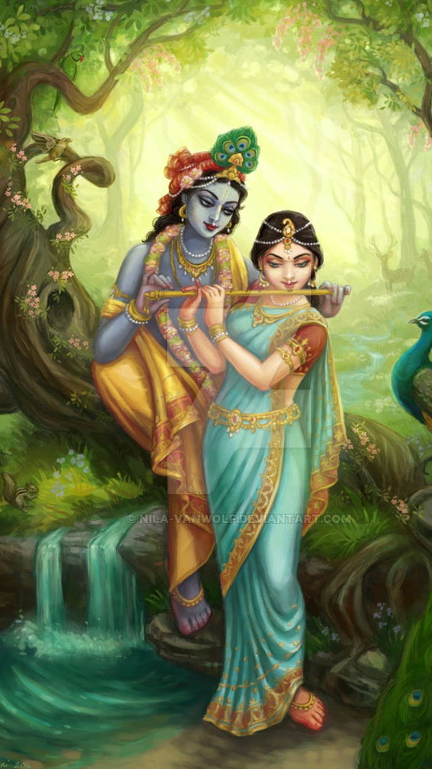Radha and Krishna Playing Flute Together in Lush Forest HD phone wallpaper