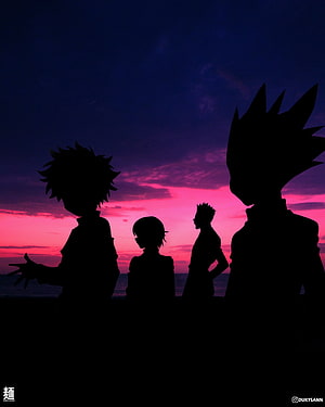 Hunter x Hunter Main Cast Silhouettes Against a Vibrant Pink and Purple Sunset Sky HD phone wallpaper