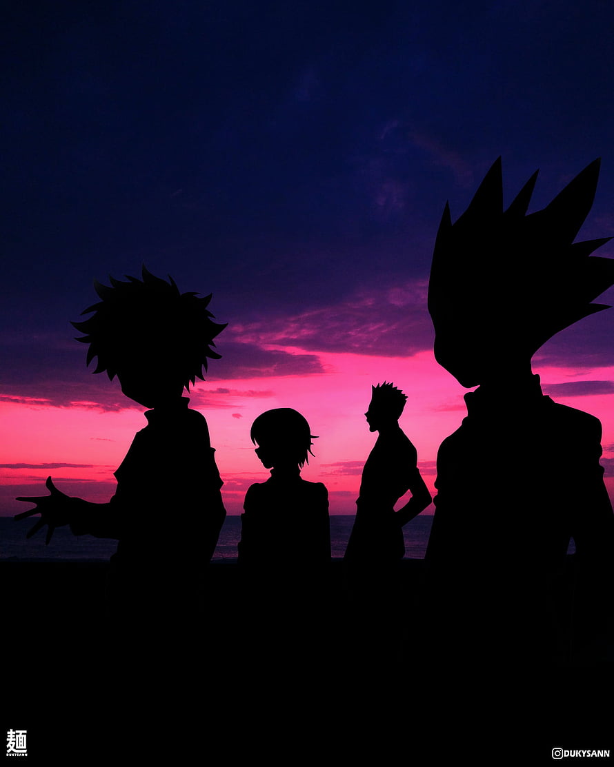 Hunter x Hunter Main Cast Silhouettes Against a Vibrant Pink and Purple Sunset Sky HD phone wallpaper