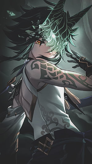 Anime Character With Glowing Green Mask And Tribal Tattoos HD phone wallpaper
