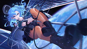 Hoshimachi Suisei in a dynamic space-themed anime illustration with blue hair and gothic outfit HD wallpaper