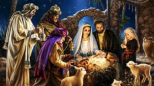 Nativity Scene with Three Wise Men, Mary, Joseph, and Lambs in a Stable HD wallpaper