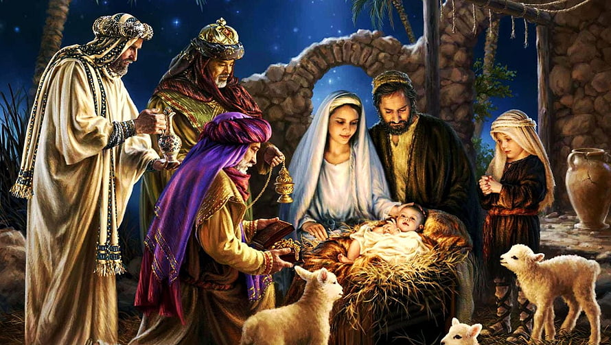 Nativity Scene with Three Wise Men, Mary, Joseph, and Lambs in a Stable HD wallpaper