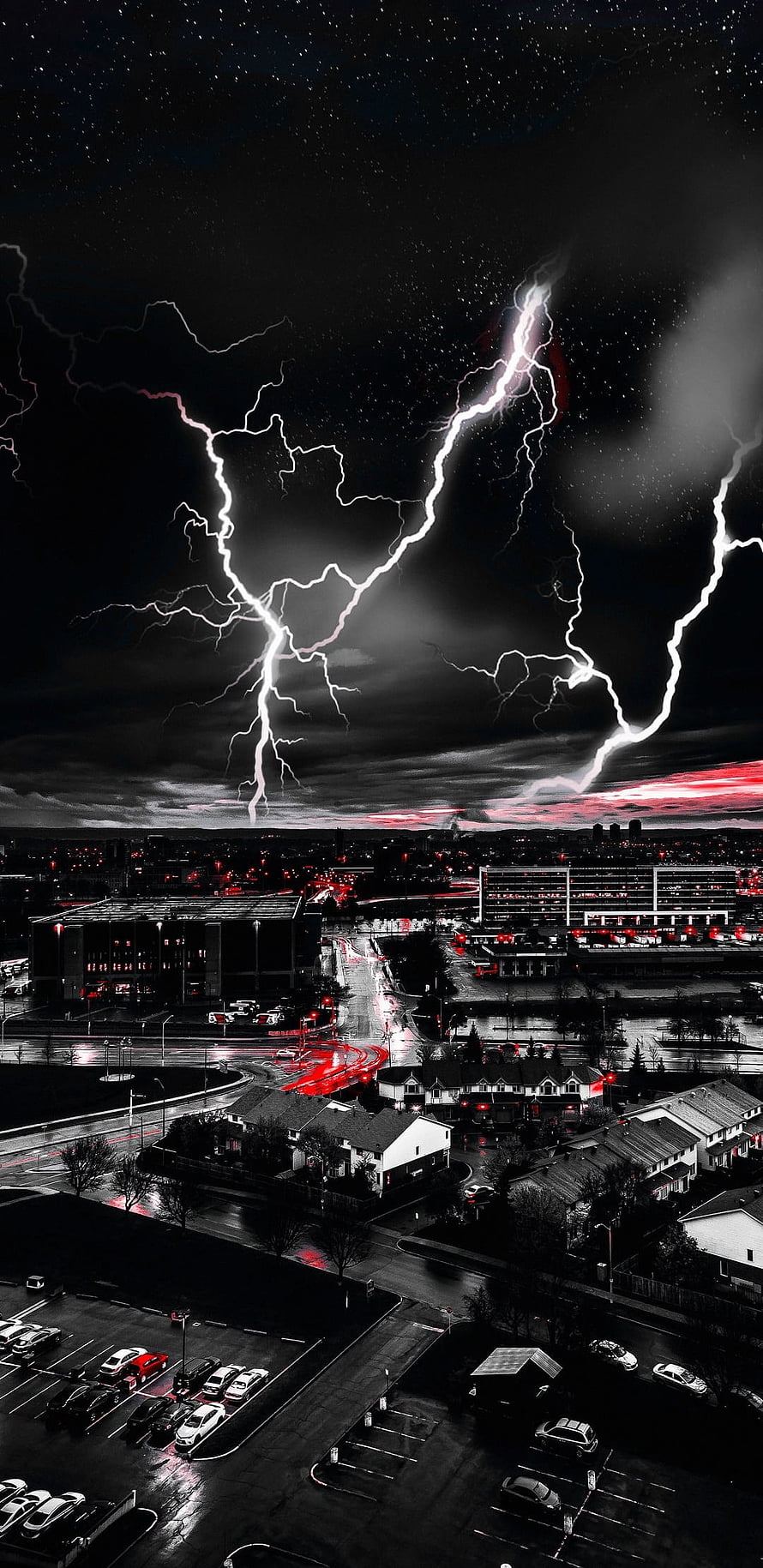 Dramatic Lightning Storm Over Urban Cityscape at Night with Red Accents HD phone wallpaper