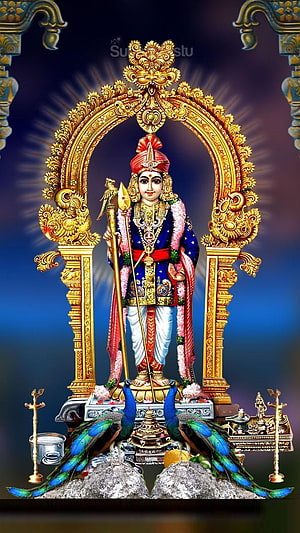Lord Krishna Standing with Peacocks and Golden Archway HD phone wallpaper