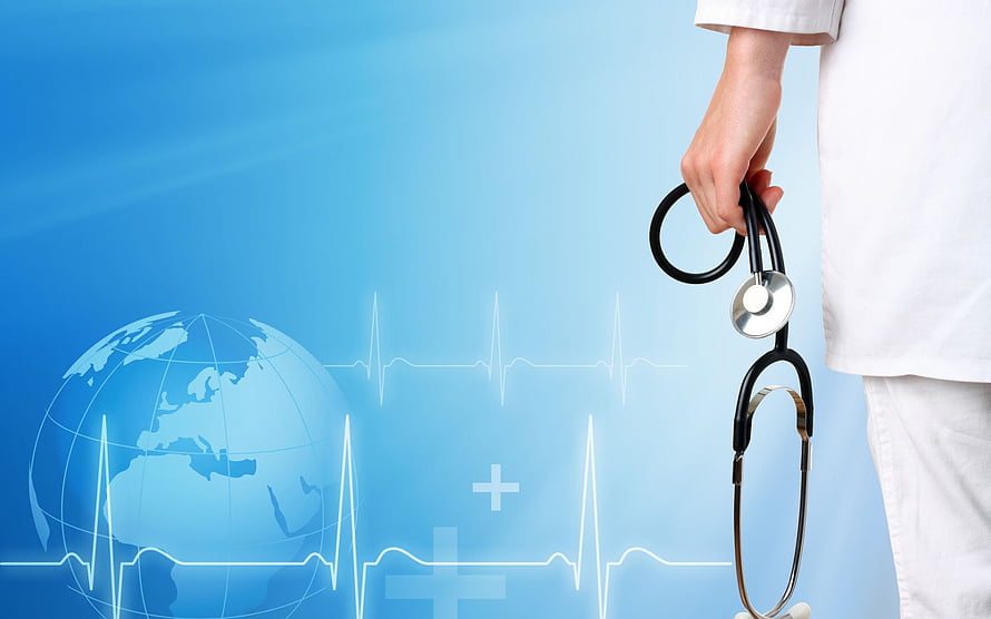 Doctor Holding Stethoscope With Global Healthcare and ECG Background HD wallpaper