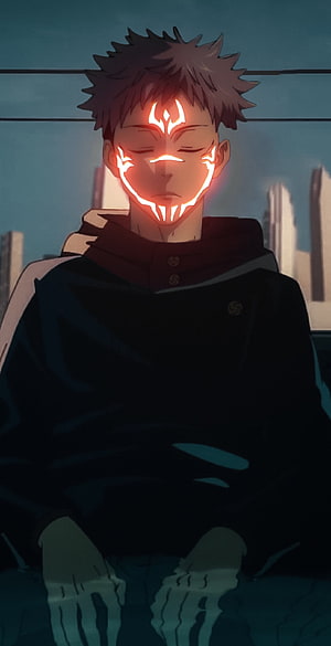 Yuji Itadori with glowing red cursed energy markings on his face in anime style HD phone wallpaper