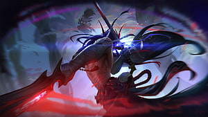 Yone from League of Legends in Dynamic Combat with Glowing Blade and Flowing Hair HD wallpaper