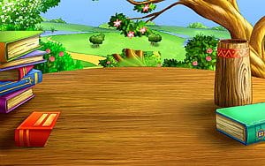 Colorful Cartoon Study Desk With Books And Garden View For Kids HD wallpaper