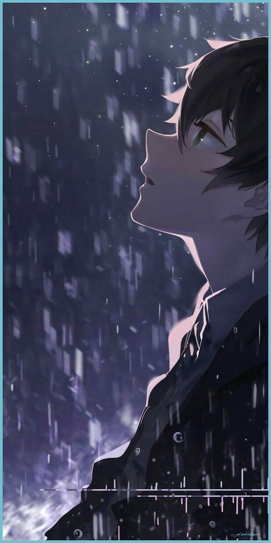 Anime Boy Looking Up In The Rain With City Lights Background HD phone wallpaper