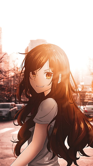 Kyouko Hori from Horimiya in Warm Sunset Light with Long Brown Hair HD phone wallpaper