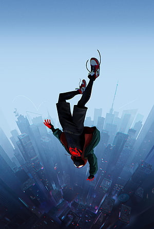 Miles Morales Spider-Man Freefalling Over New York City Skyline, Spider Man Into The Spider Verse. X X, Spider-Verse HD phone wallpaper