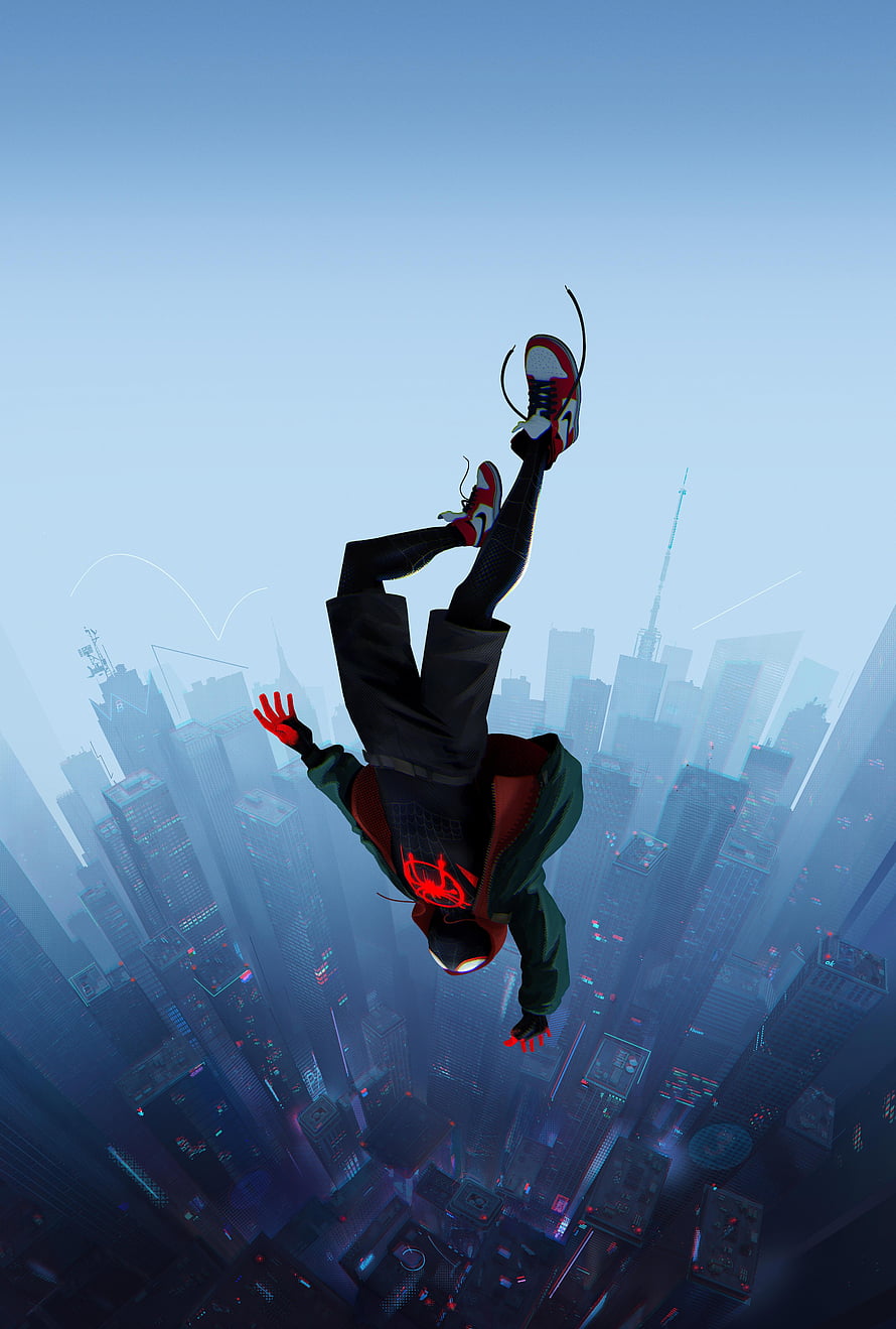 Miles Morales Spider-Man Freefalling Over New York City Skyline, Spider Man Into The Spider Verse. X X, Spider-Verse HD phone wallpaper