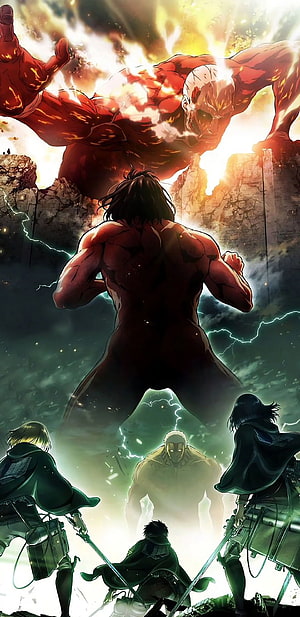 Attack on Titan Eren Yeager vs Colossal Titan Battle Scene Anime Wallpaper HD phone wallpaper