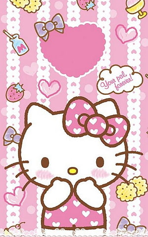 Cute Hello Kitty in Pink Heart Dress with Bow and Speech Bubble on Patterned Background HD phone wallpaper