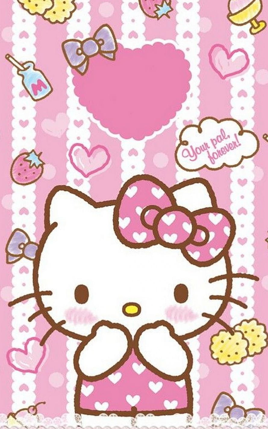 Cute Hello Kitty in Pink Heart Dress with Bow and Speech Bubble on Patterned Background HD phone wallpaper