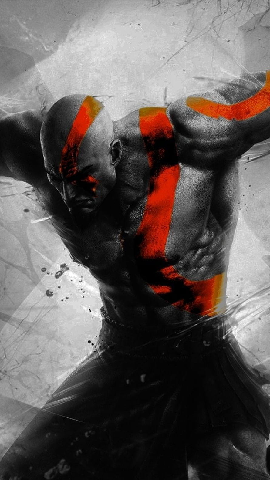 Kratos God of War Muscular Warrior Portrait with Red War Paint and Dramatic Grayscale Art Style HD phone wallpaper