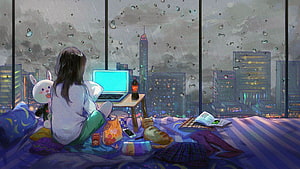 Anime Girl Relaxing in Bedroom with Laptop and Cat on Rainy Night HD wallpaper