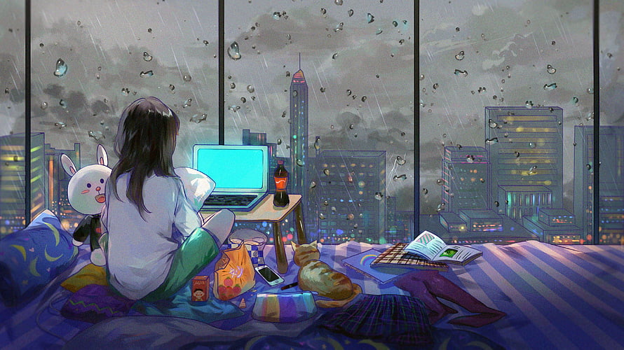 Anime Girl Relaxing in Bedroom with Laptop and Cat on Rainy Night HD wallpaper