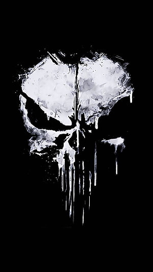 The Punisher Skull Logo in Grunge White Paint Style on Black Background HD phone wallpaper