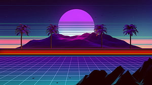 Retro 80s Synthwave Sunset Landscape with Neon Grid and Palm Trees HD wallpaper