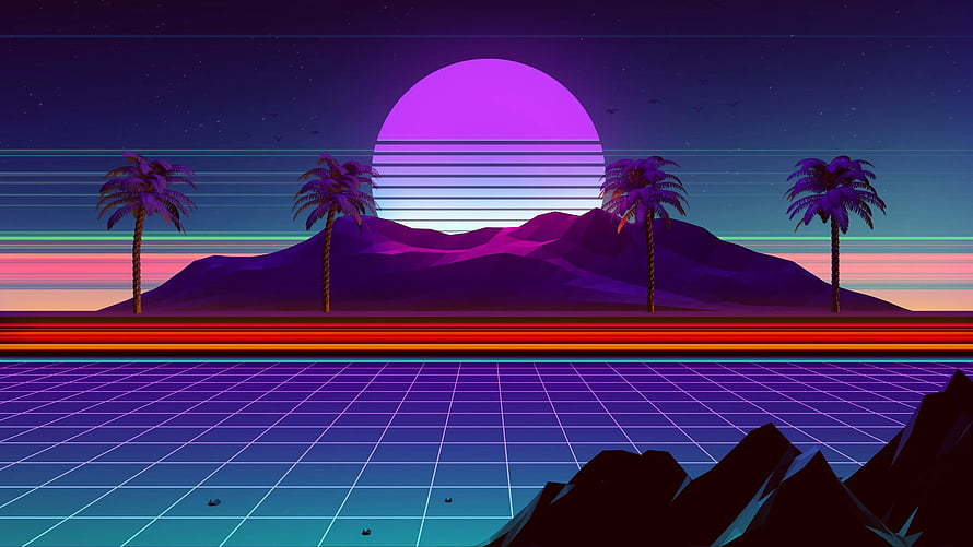 Retro 80s Synthwave Sunset Landscape with Neon Grid and Palm Trees HD wallpaper