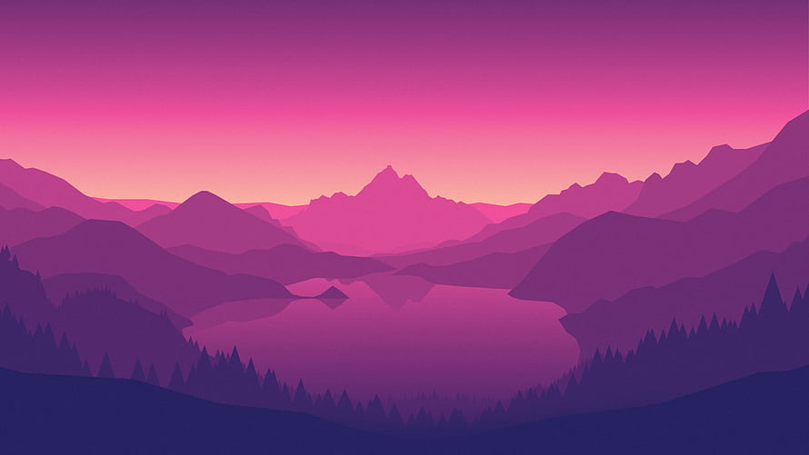 Firewatch Minimalist Mountain Lake Landscape at Sunset with Purple Sky and Pine Forest Silhouettes HD wallpaper