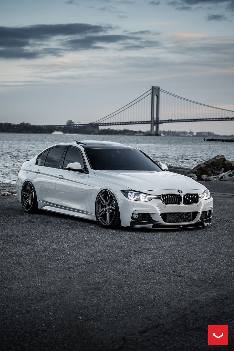 White BMW 340i F30 Sedan Parked Near Water With Suspension Bridge in Background HD phone wallpaper