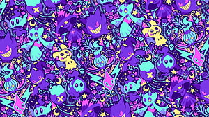 Colorful Pokémon Ghost Type Pattern with Gengar, Misdreavus, and Haunter in Purple and Teal HD wallpaper