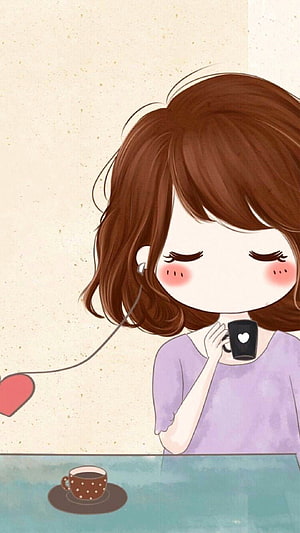 Cute Anime Girl Drinking Coffee and Listening to Music HD phone wallpaper