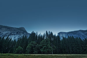 Yosemite Valley at Dusk with Crescent Moon and Granite Cliffs HD wallpaper