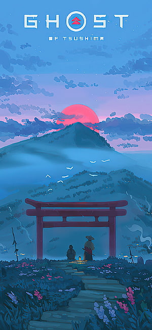 Ghost of Tsushima Anime Style Artwork with Torii Gate and Sunset Mountain HD phone wallpaper