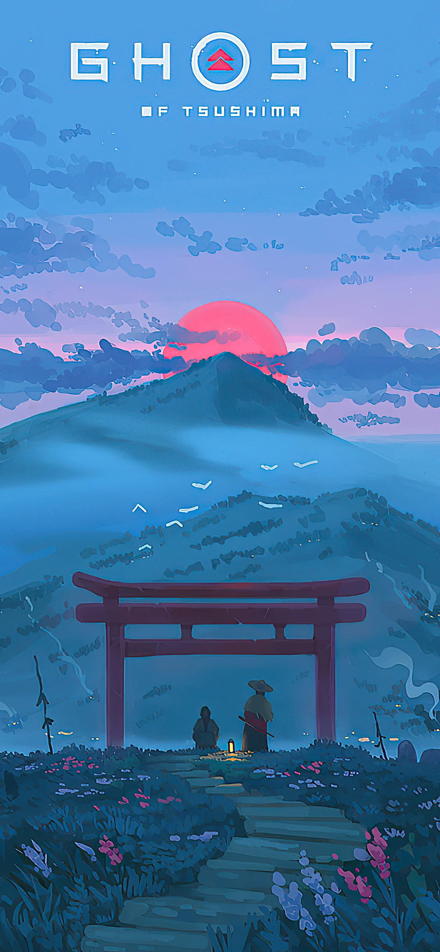 Ghost of Tsushima Anime Style Artwork with Torii Gate and Sunset Mountain HD phone wallpaper