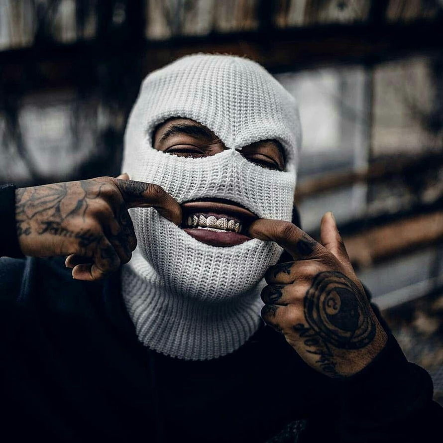 Portrait of a man wearing a white ski mask and gold grillz, pulling the mask down to reveal his teeth, with tattooed hands, Gangster Ski Mask Aesthetic , Gangster Gang HD phone wallpaper