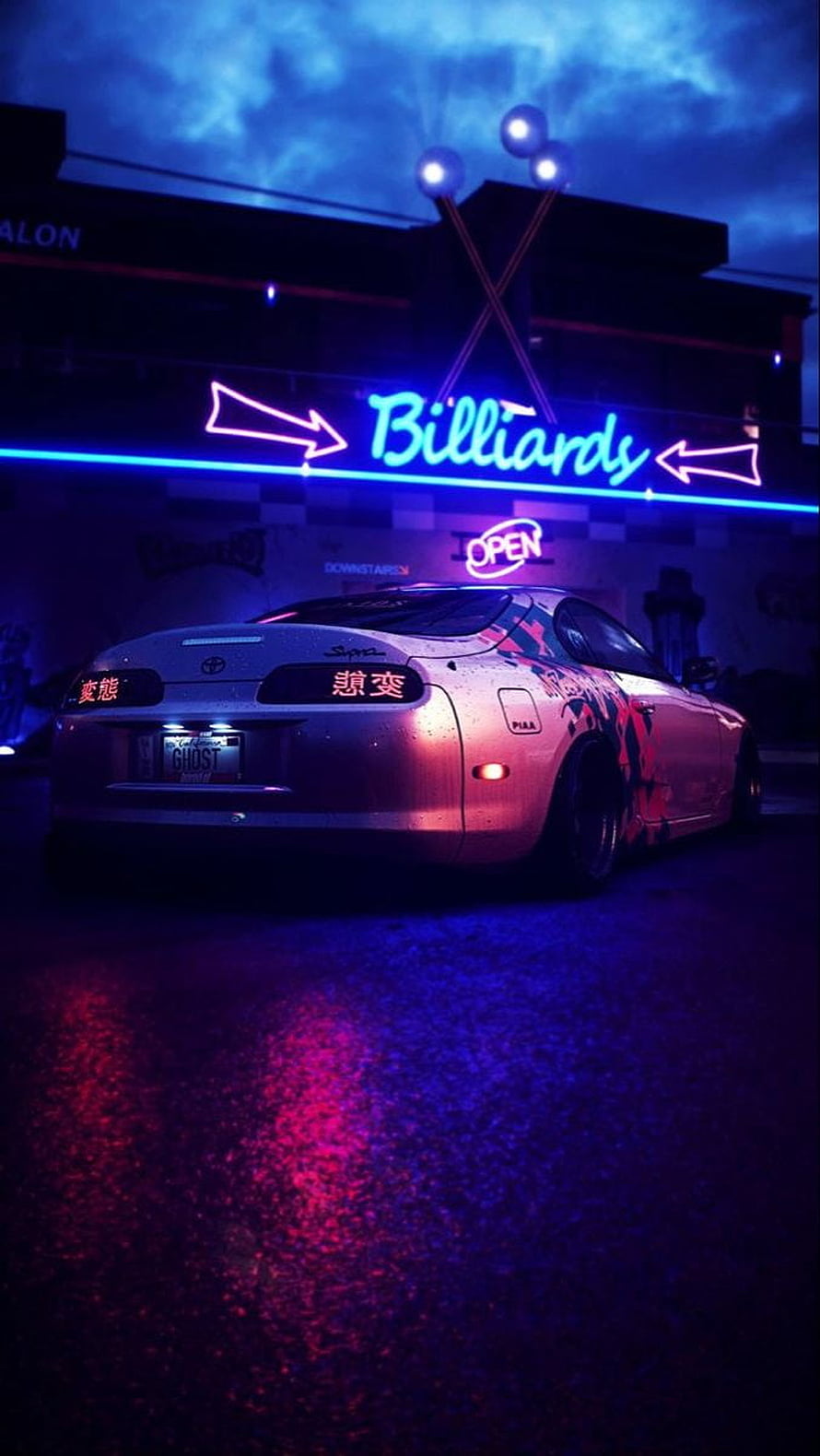 Toyota Supra parked at night under neon billiards sign with vibrant purple and blue lighting HD phone wallpaper