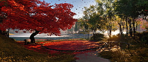 Ghost of Tsushima Autumn Lake Scene with Vibrant Red Maple Trees and Morning Mist HD wallpaper