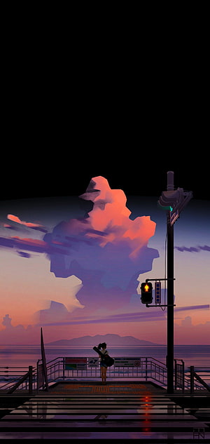 Anime Girl with Guitar on Pier at Sunset with Dramatic Clouds HD phone wallpaper