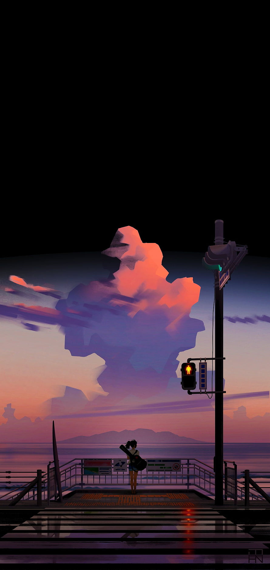 Anime Girl with Guitar on Pier at Sunset with Dramatic Clouds HD phone wallpaper