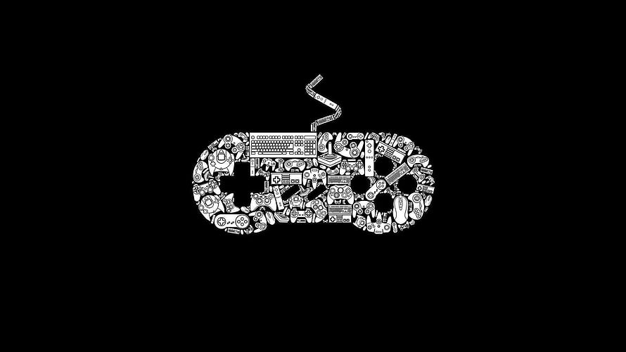 Retro Gaming Logo Mosaic Formed by Vintage Controllers and Consoles on Black Background HD wallpaper