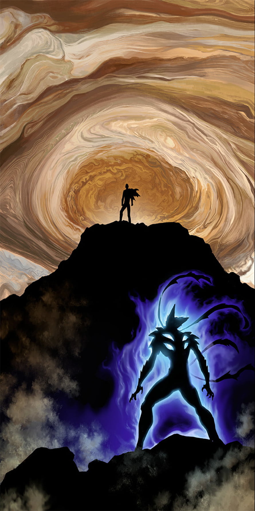 Silhouette of a warrior standing on a cliff against a swirling golden sky with a glowing blue demon figure below HD phone wallpaper