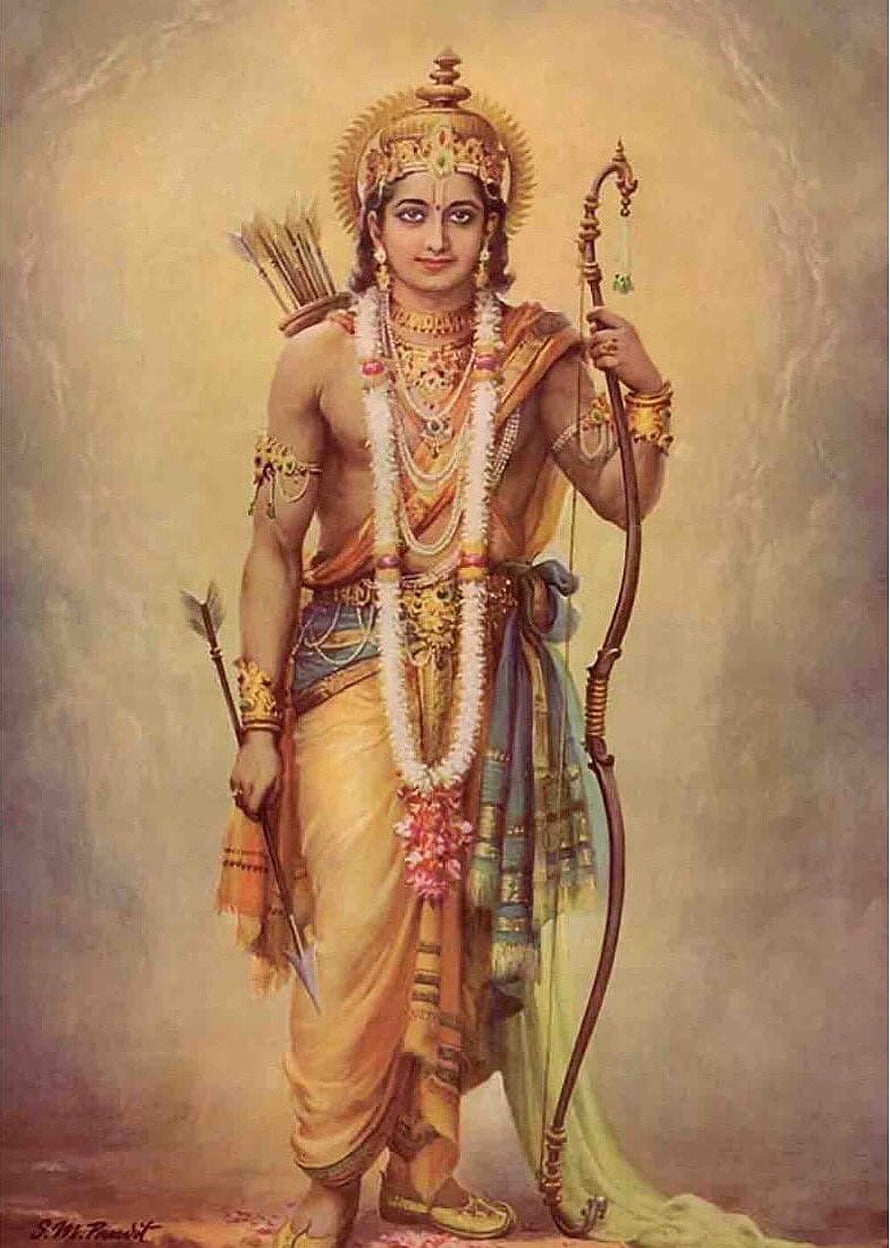 Traditional Painting of Lord Rama Holding Bow and Arrow with Floral Garlands HD phone wallpaper